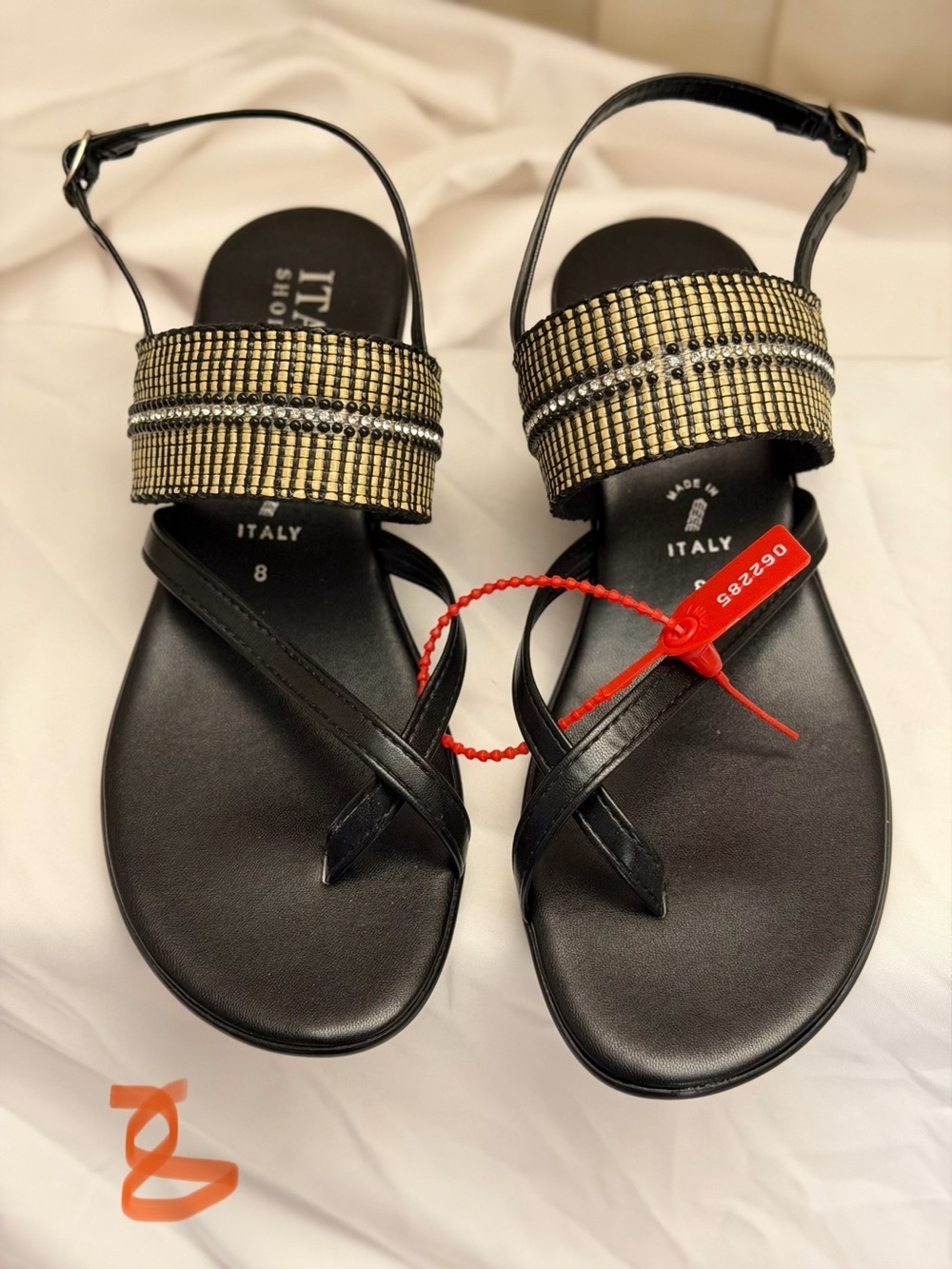 Italian Shoemakers Black Sandals with Gold Beaded Strap Detail